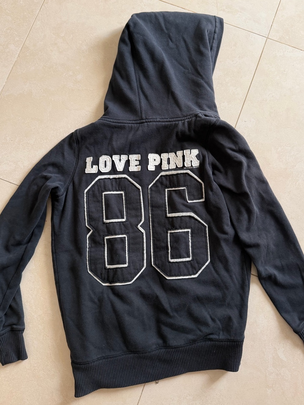 PINK Victoria's Secret Black Hoodie Jacket with 'LOVE PINK' 86 Back Graphic